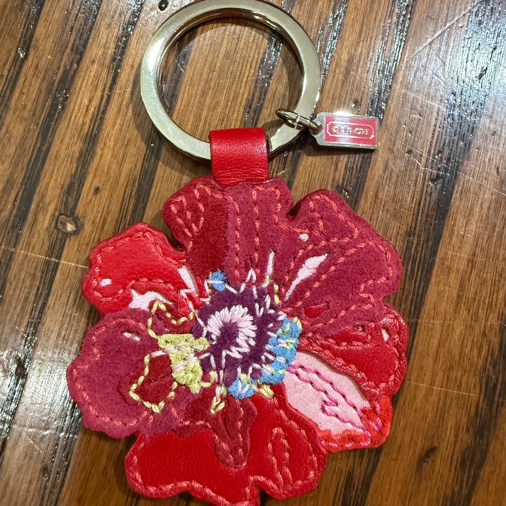 Coach Leather Floral Key Fob in Red with Multicolor Embroidered Flower